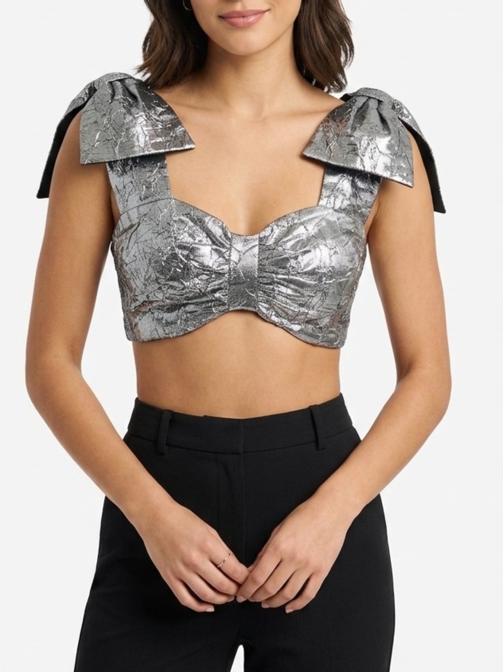 NWT Atoir Ella Crop Top Bow Shoulder Metallic Silver Sz 2